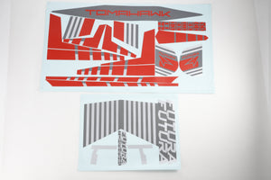 Futura and Tomahawk RC model sticker sheets in red and grey designs.