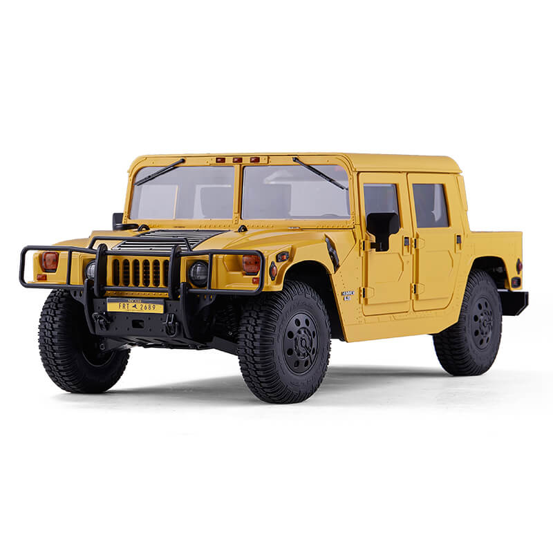 FMS 1:12 yellow RC Hummer H1 model highlighting realistic design and durable features.